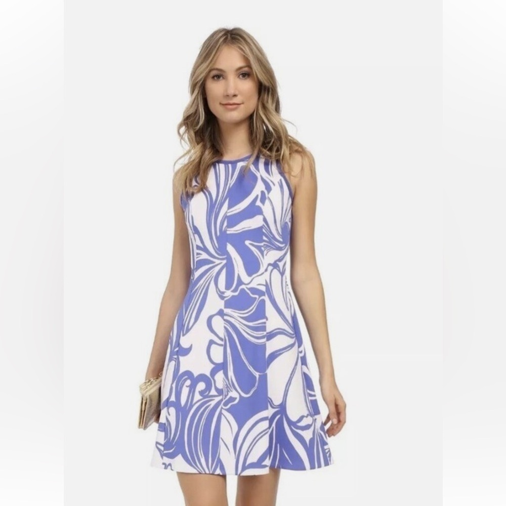 Lilly Pulitzer Cove Dress Sleeveless Fit Flare Iris Blue White Ocean size large